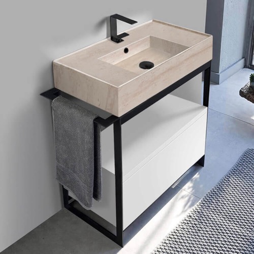 Modern Console Vanity, Travertine Style Sink, 35 Inch Modern Console Vanity, Travertine Style Sink, 35 Inch Scarabeo 5123-E-SOL1-01